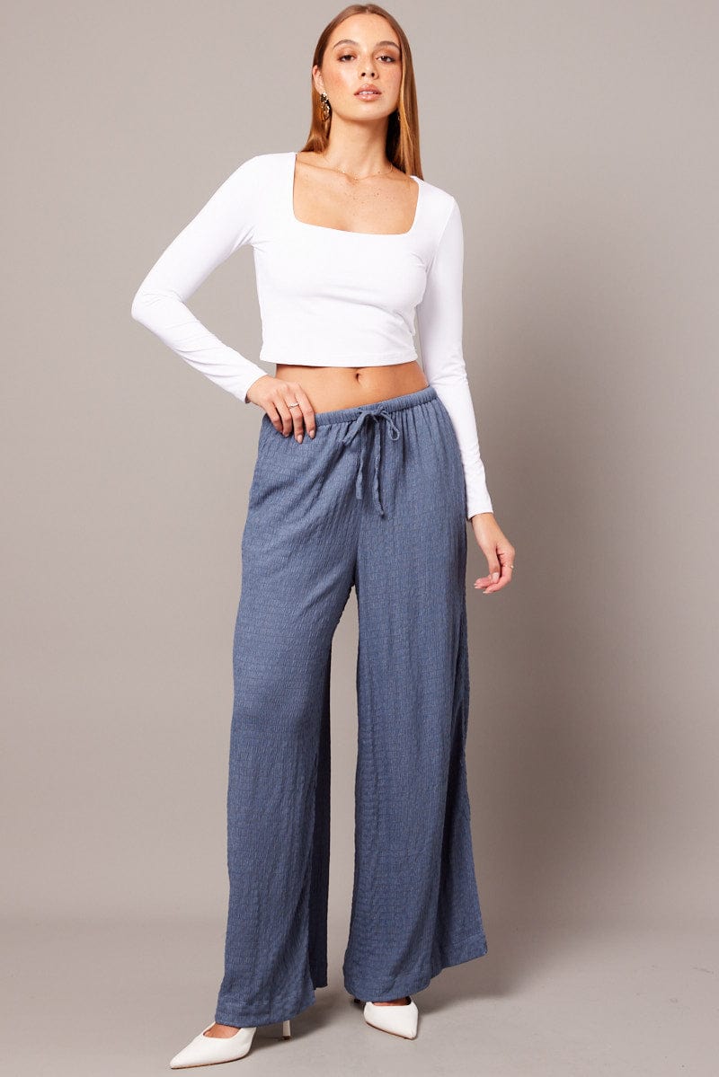 Blue Wide Leg Pants High Rise Textured Fabric for Ally Fashion
