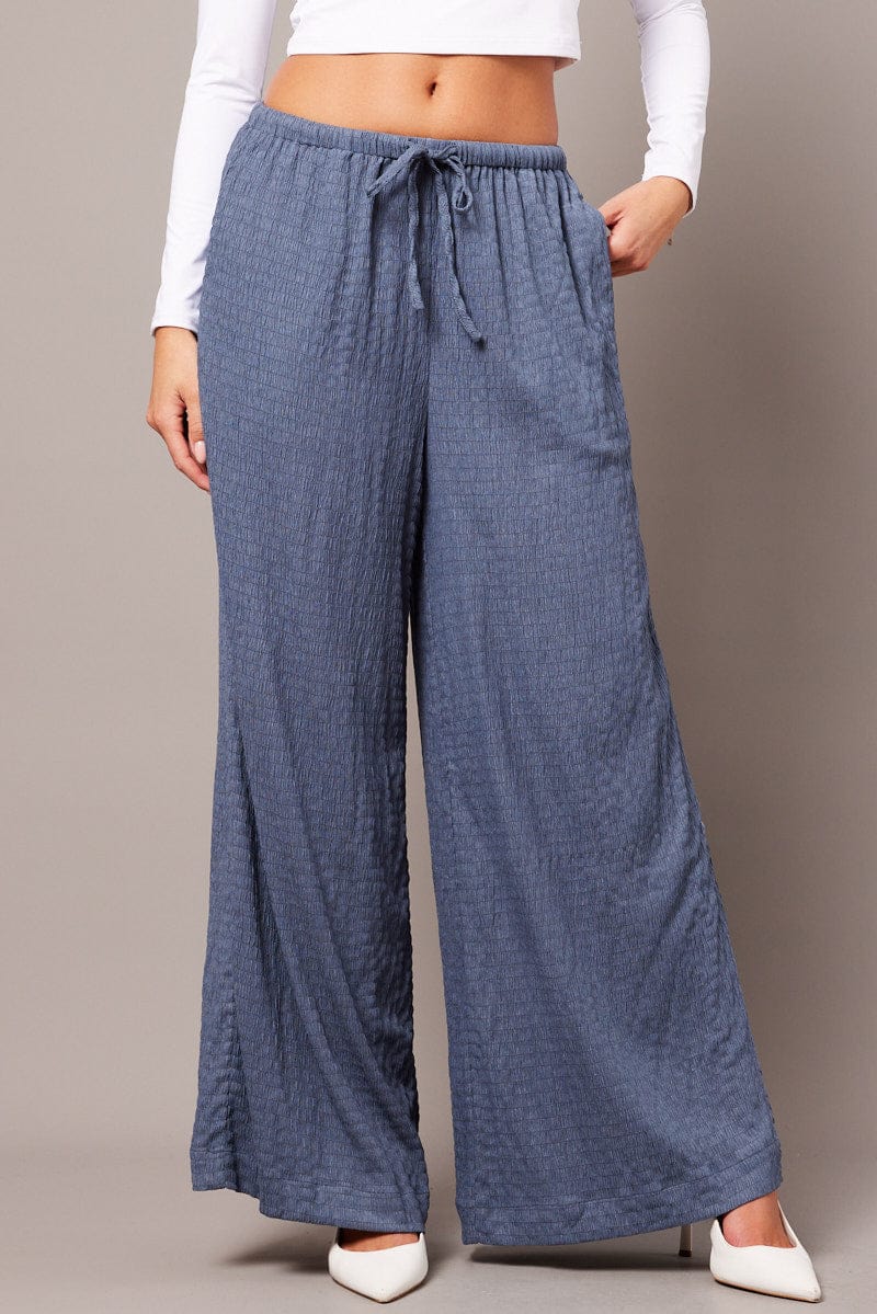 Blue Wide Leg Pants High Rise Textured Fabric for Ally Fashion