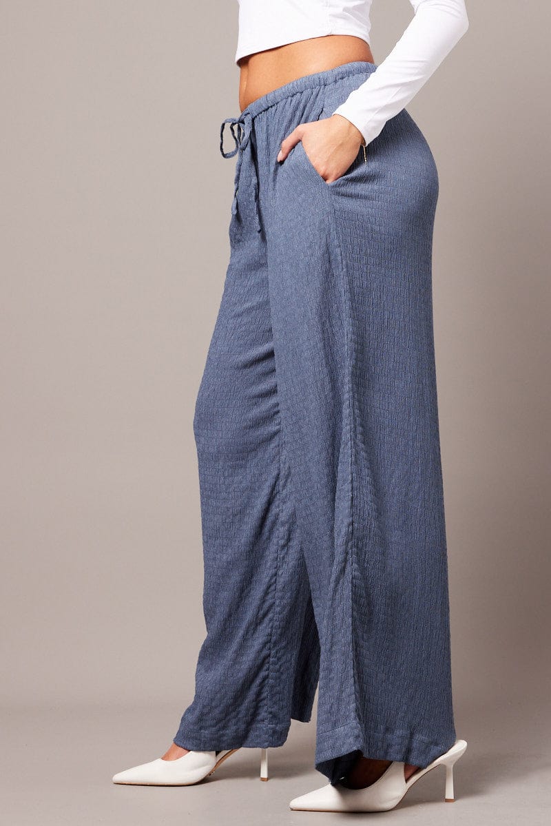 Blue Wide Leg Pants High Rise Textured Fabric for Ally Fashion