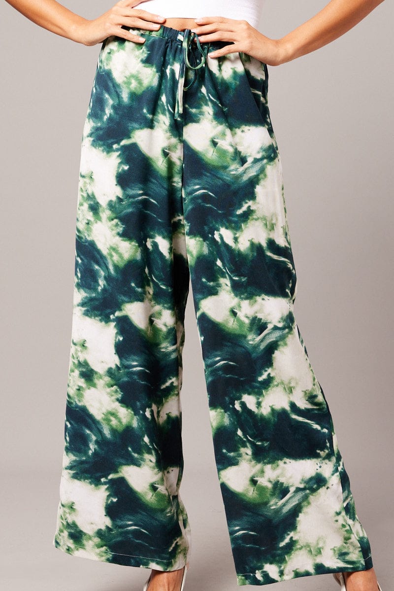 Green Abstract Wide Leg Pants Mid Rise for Ally Fashion