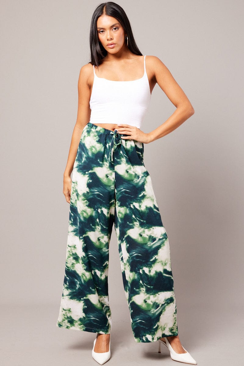 Green Abstract Wide Leg Pants Mid Rise for Ally Fashion