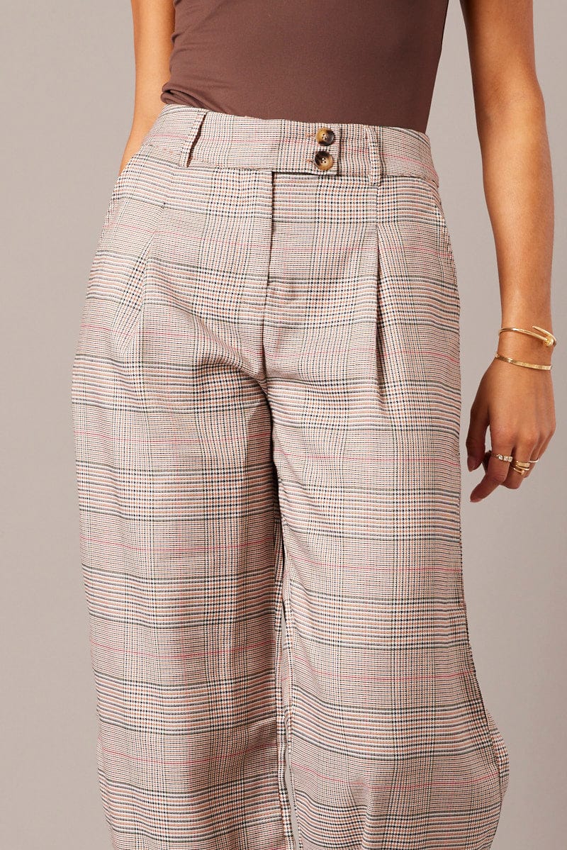 Beige Check Wide Leg Pants Tailored for Ally Fashion