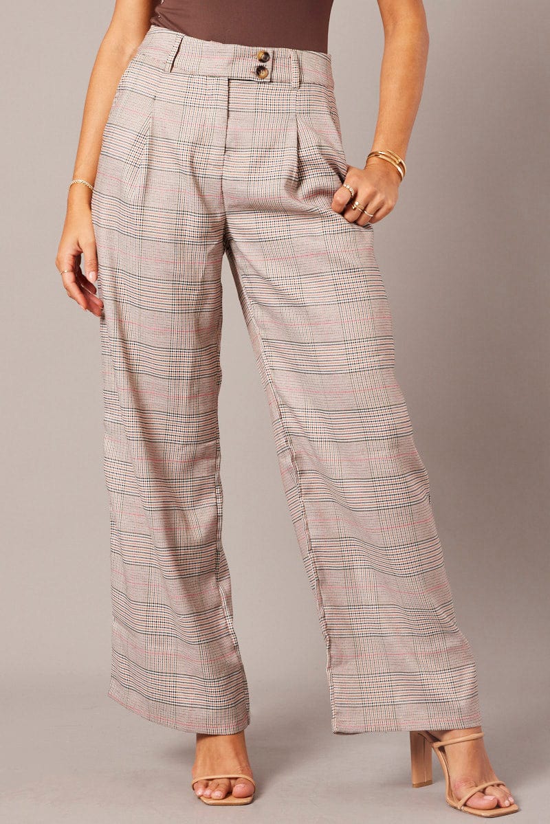 Beige Check Wide Leg Pants Tailored for Ally Fashion
