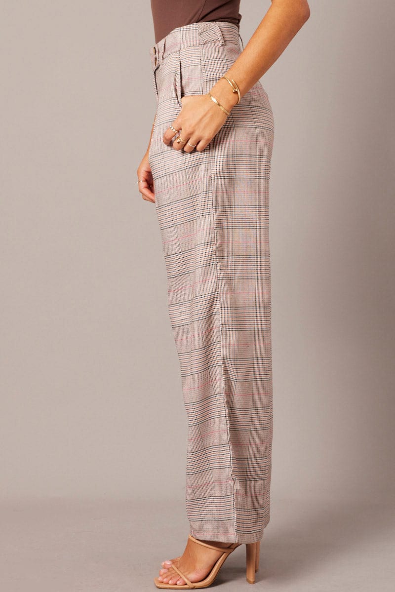 Beige Check Wide Leg Pants Tailored for Ally Fashion