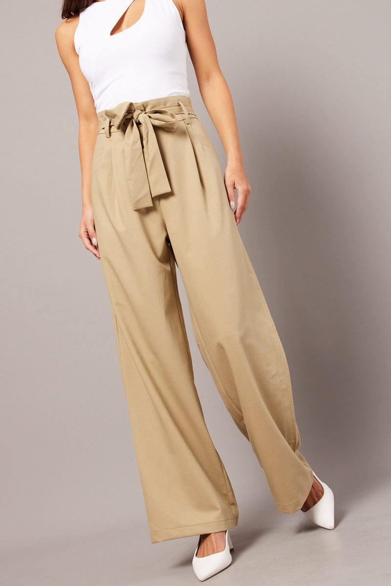 Beige Wide Leg Pants Waist Tie for Ally Fashion