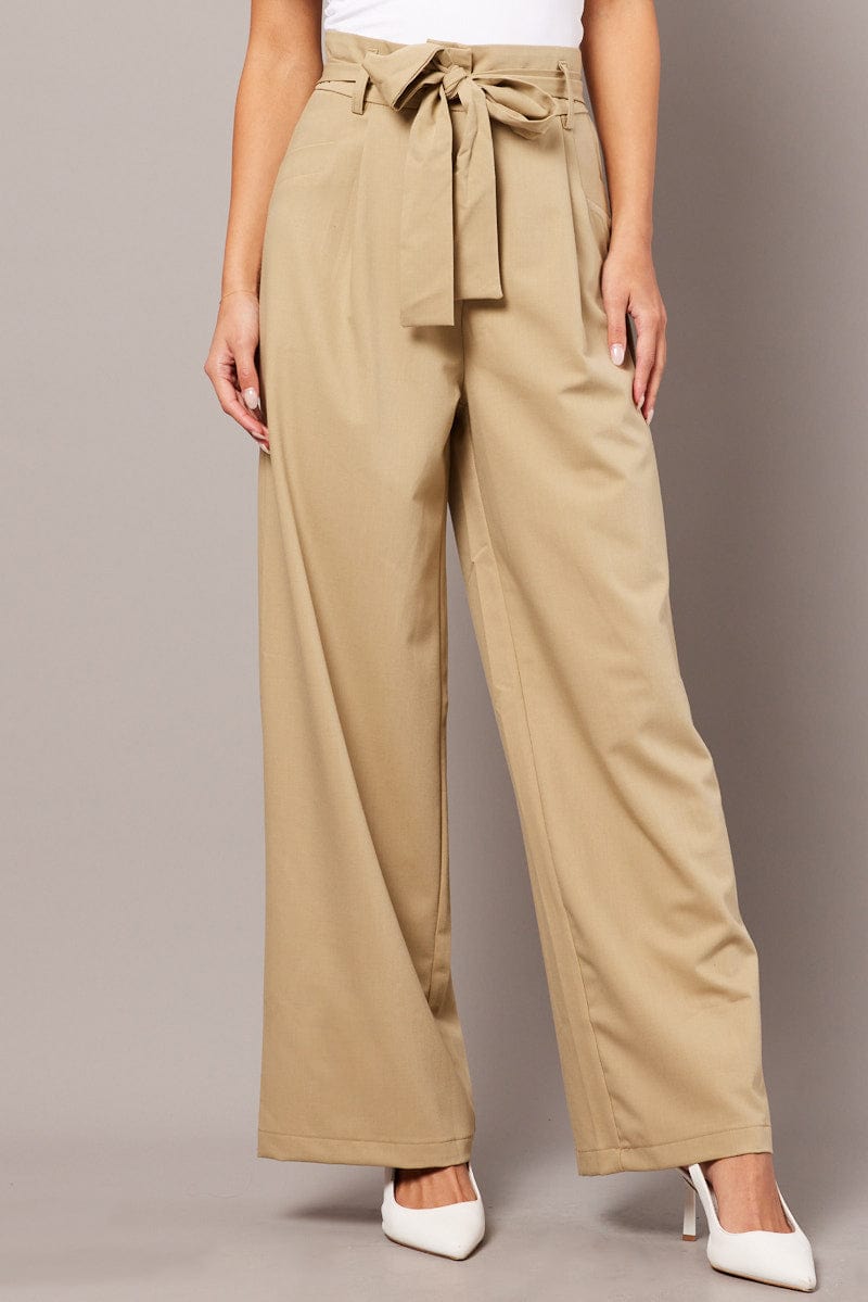 Beige Wide Leg Pants Waist Tie for Ally Fashion