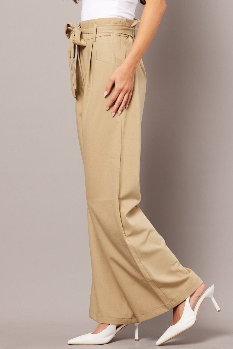 Beige Wide Leg Pants Waist Tie for Ally Fashion