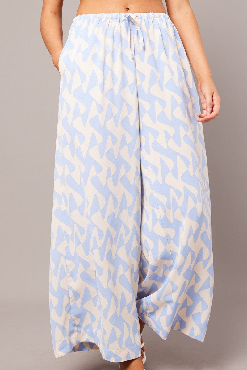 Blue Geo Wide Leg Pants High Rise for Ally Fashion