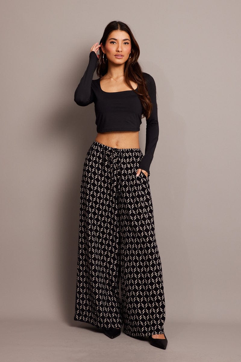 Black Geo Wide Leg Pants High Rise for Ally Fashion