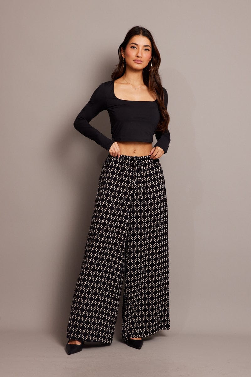 Black Geo Wide Leg Pants High Rise for Ally Fashion