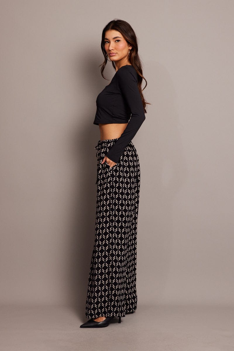 Black Geo Wide Leg Pants High Rise for Ally Fashion