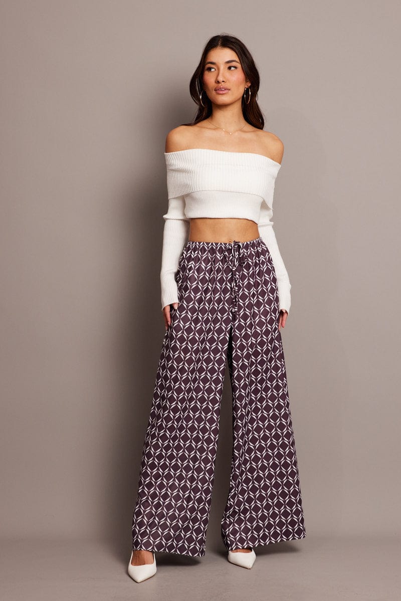 Brown Geo Wide Leg Pants High Rise for Ally Fashion