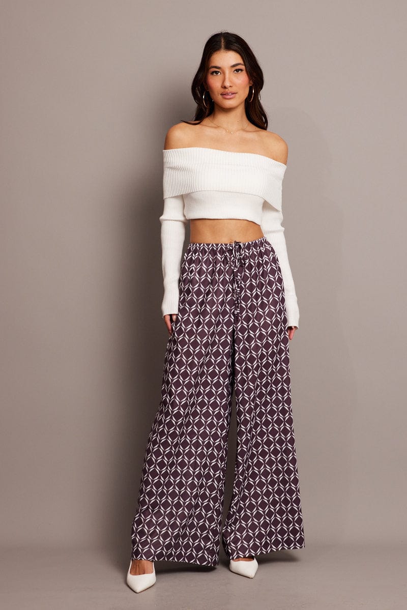 Brown Geo Wide Leg Pants High Rise for Ally Fashion