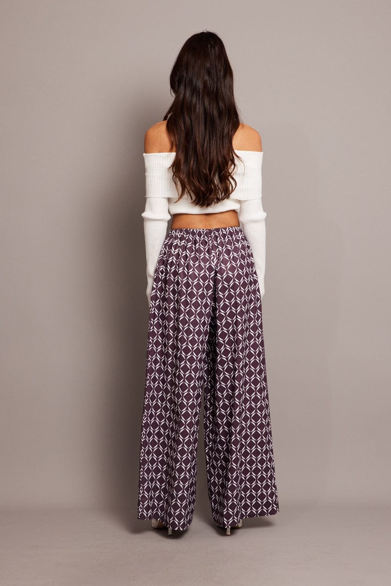 Brown Geo Wide Leg Pants High Rise for Ally Fashion