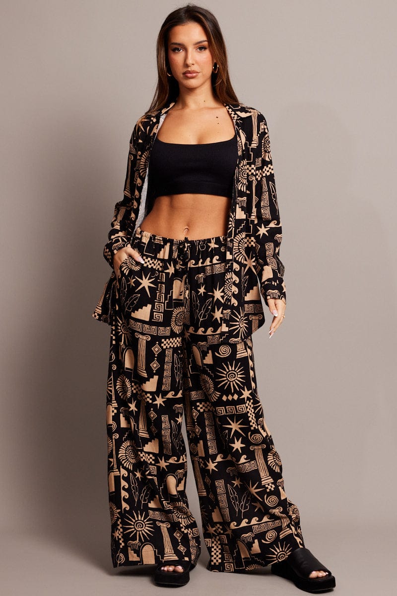 Black Abstract Wide Leg Pants High Rise for Ally Fashion