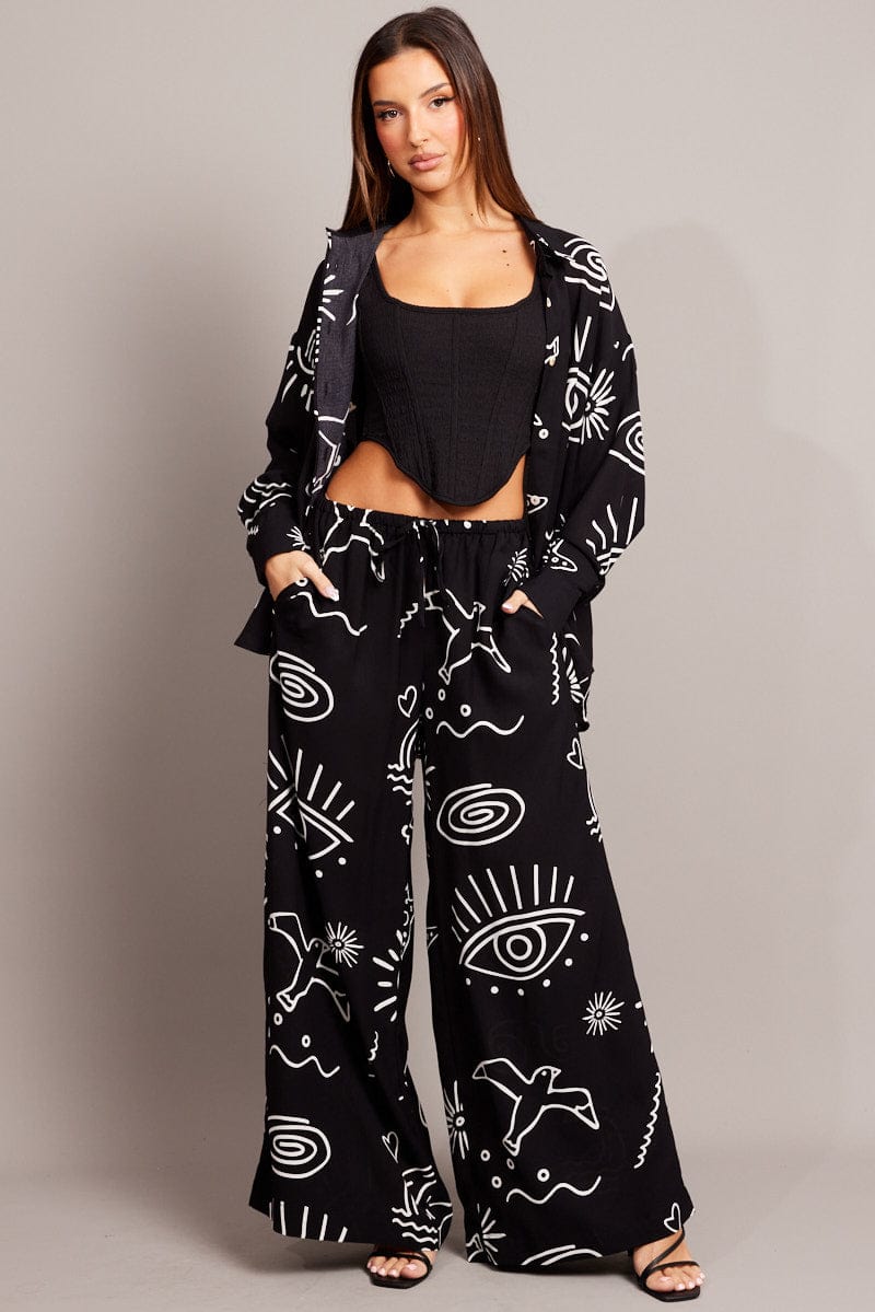 Black Abstract Wide Leg Pants High Rise for Ally Fashion