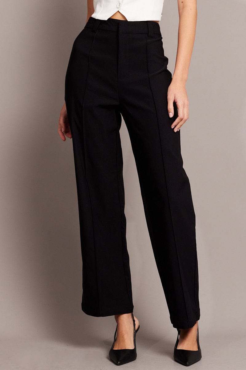 Black Straight Fit Pants High Rise for Ally Fashion