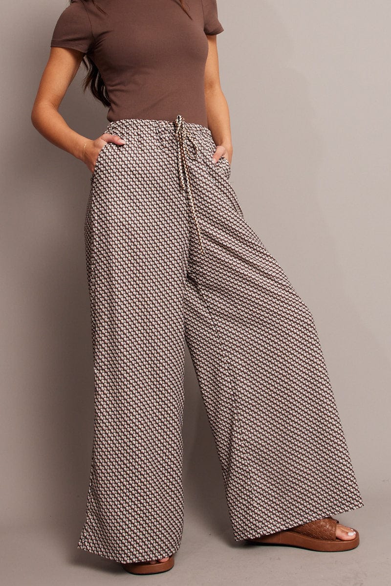 Brown Geo Wide Leg Pants High Rise for Ally Fashion