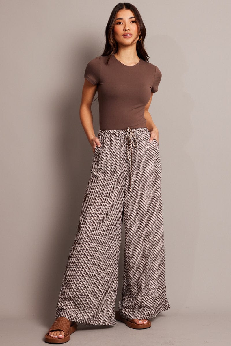 Brown Geo Wide Leg Pants High Rise for Ally Fashion