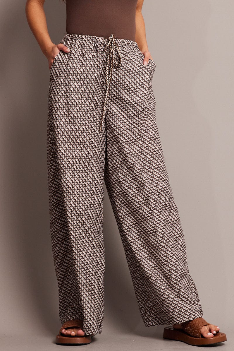 Brown Geo Wide Leg Pants High Rise for Ally Fashion