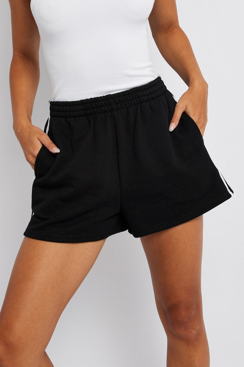 Black Track Shorts High Rise Elastic Waist for Ally Fashion