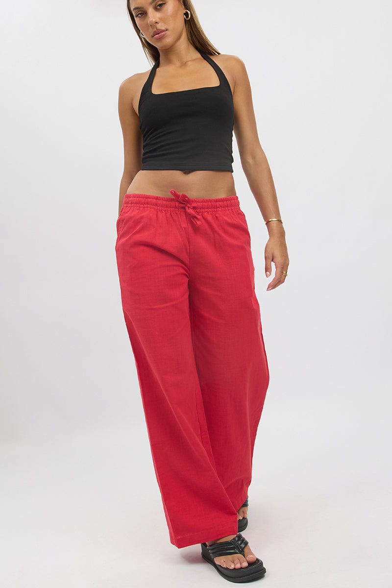 Red Wide Leg Pants Elasticated for Ally Fashion