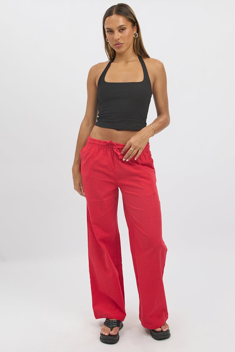 Red Wide Leg Pants Elasticated for Ally Fashion