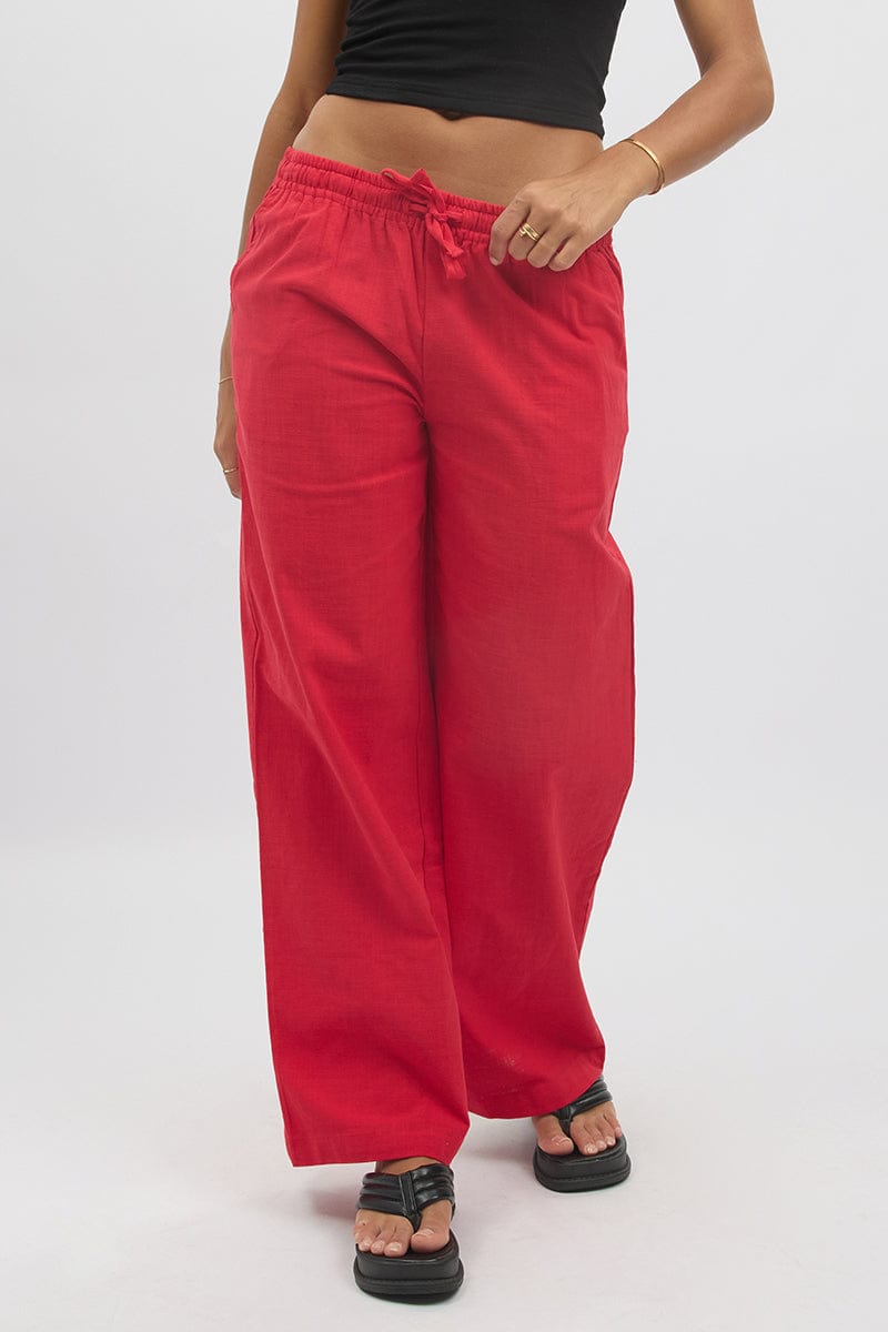 Red Wide Leg Pants Elasticated Ally Fashion