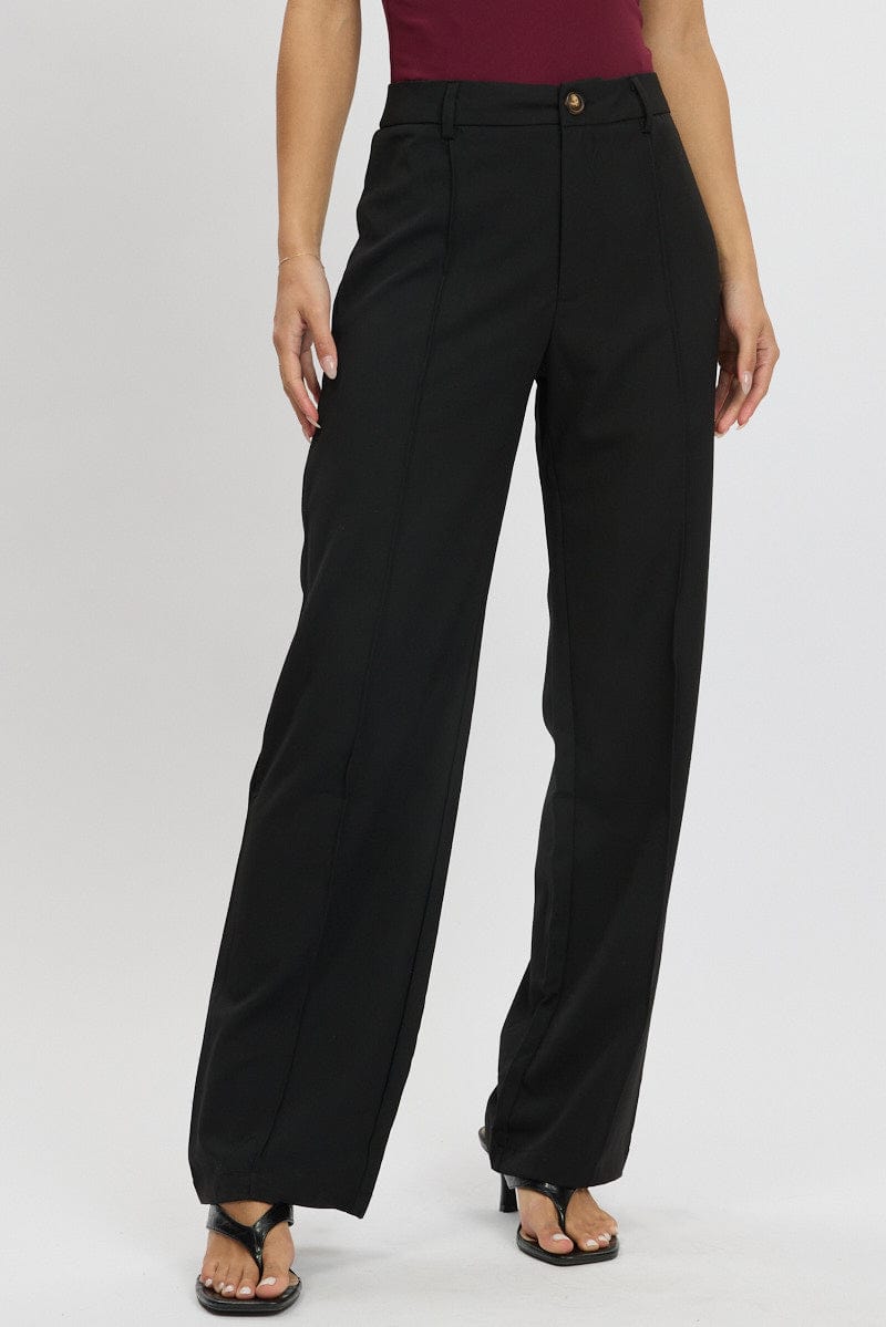 Black Straight Fit Pants High Rise for Ally Fashion