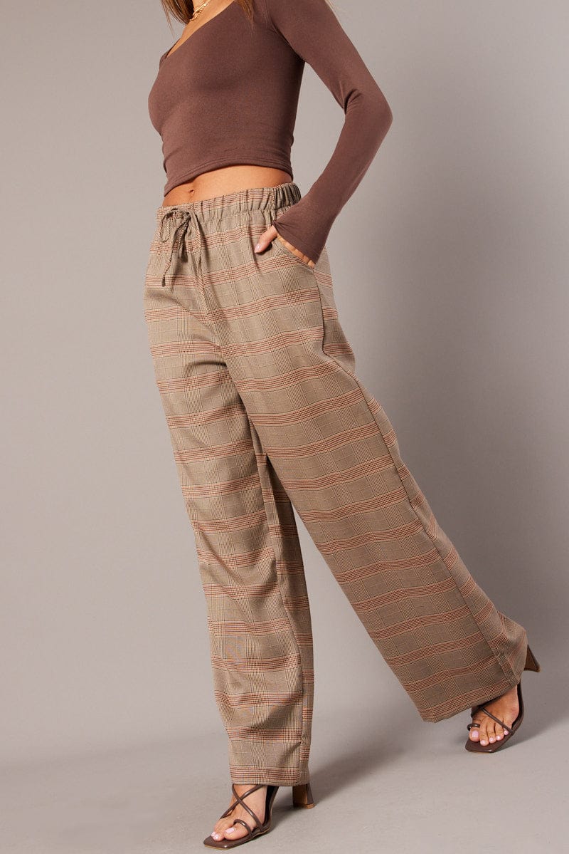 Beige Check Wide Leg Pants Elastic Waist for Ally Fashion