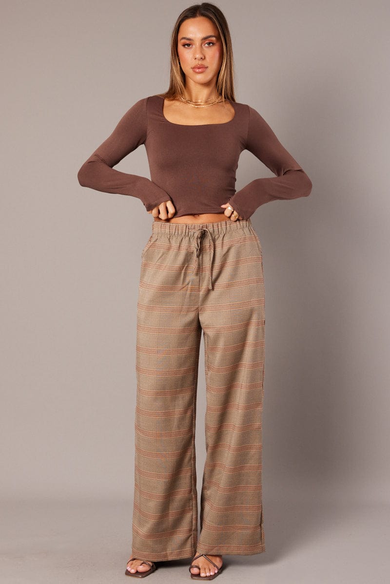 Beige Check Wide Leg Pants Elastic Waist for Ally Fashion