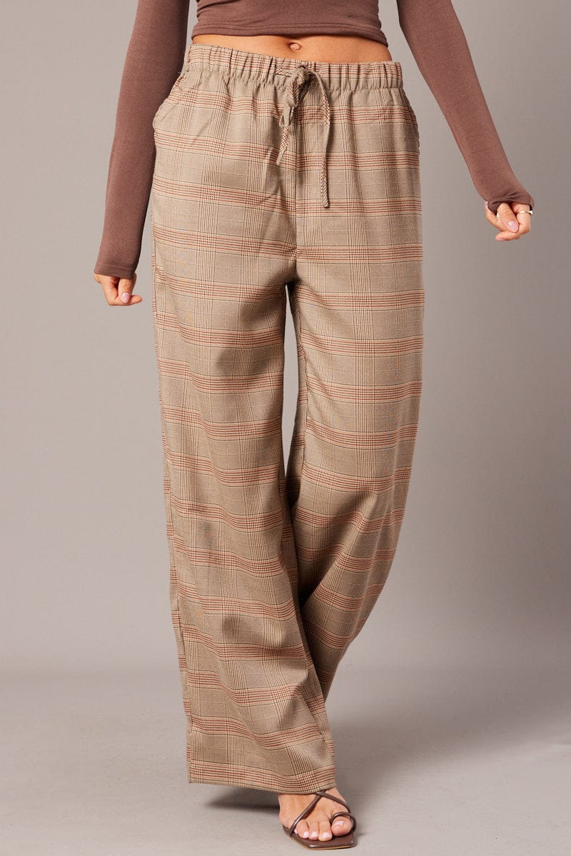 Beige Check Wide Leg Pants Elastic Waist for Ally Fashion