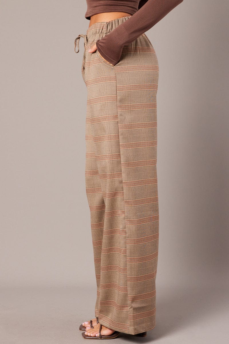 Beige Check Wide Leg Pants Elastic Waist for Ally Fashion