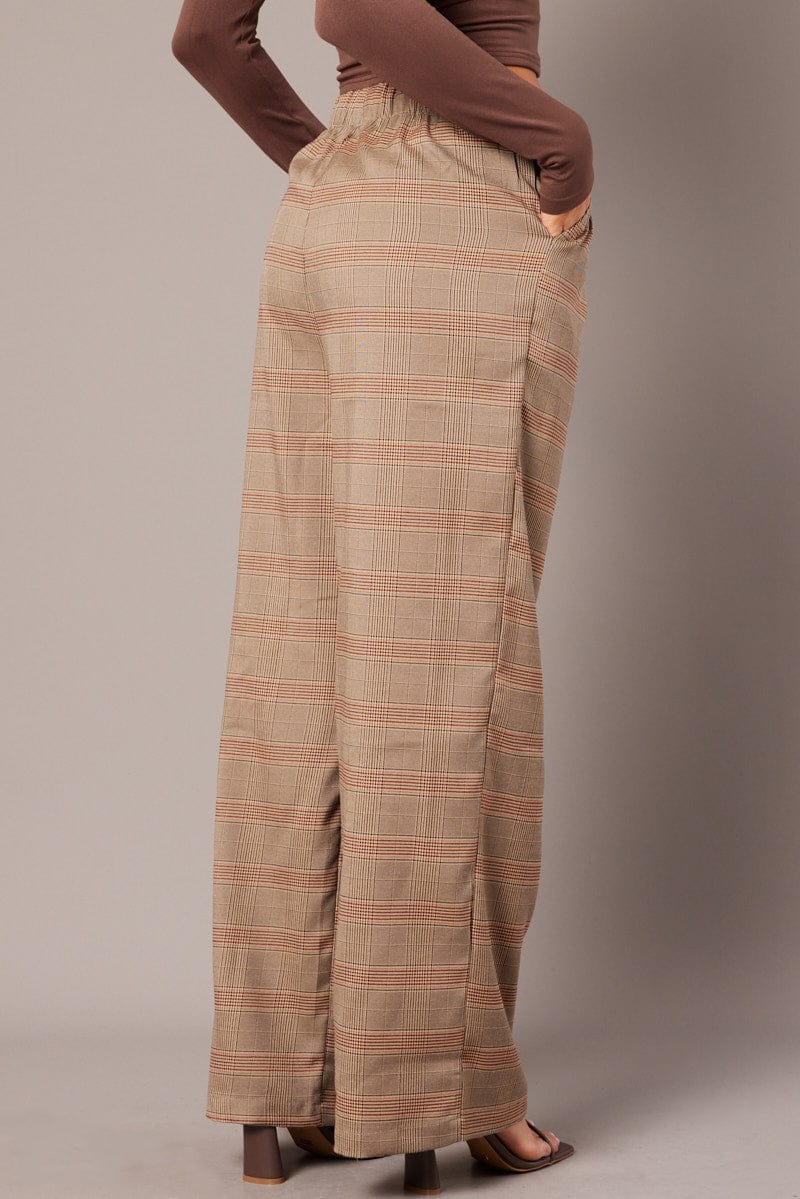 Beige Check Wide Leg Pants Elastic Waist for Ally Fashion