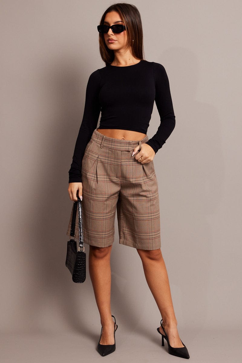 Beige Check Longline Shorts Mid Rise for Ally Fashion