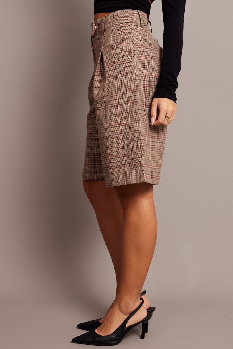 Beige Check Longline Shorts Mid Rise for Ally Fashion