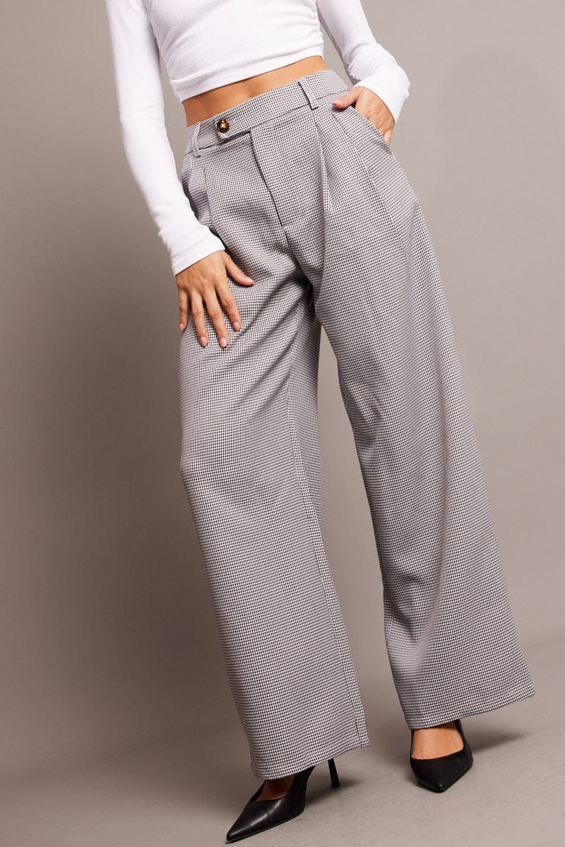 Black Check Wide Leg Pants High Rise for Ally Fashion