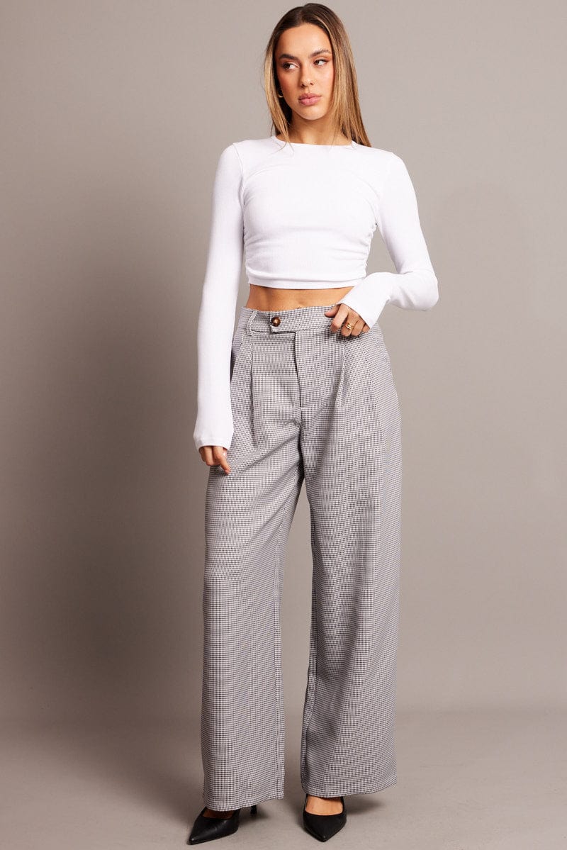 Black Check Wide Leg Pants High Rise for Ally Fashion