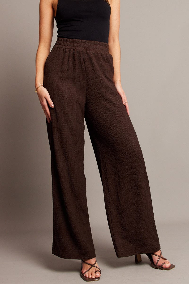 Brown Wide Leg Pants High Rise Textured Fabric for Ally Fashion