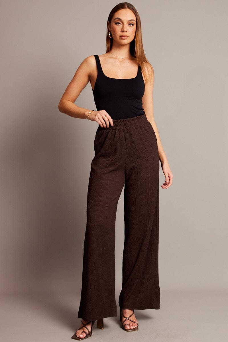 Brown Wide Leg Pants High Rise Textured Fabric for Ally Fashion