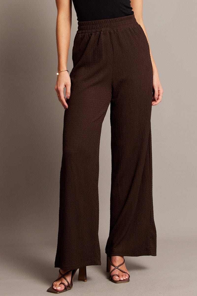 Brown Wide Leg Pants High Rise Textured Fabric for Ally Fashion