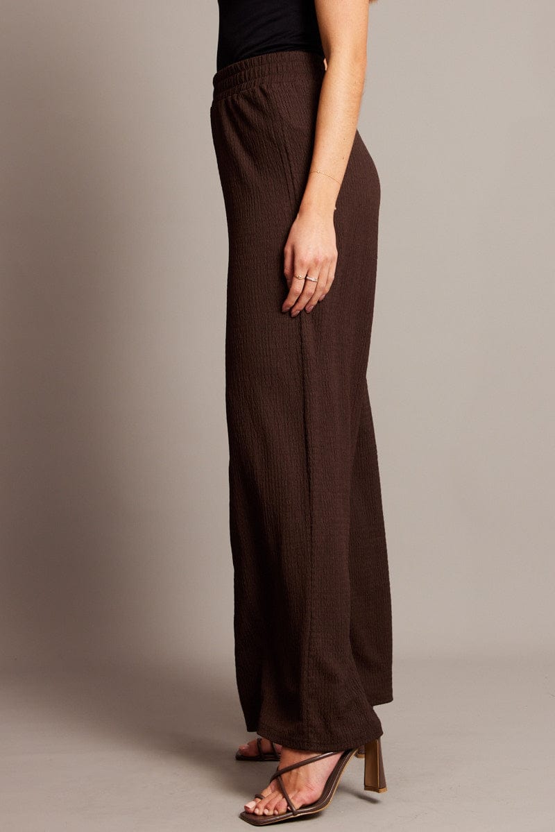 Brown Wide Leg Pants High Rise Textured Fabric for Ally Fashion