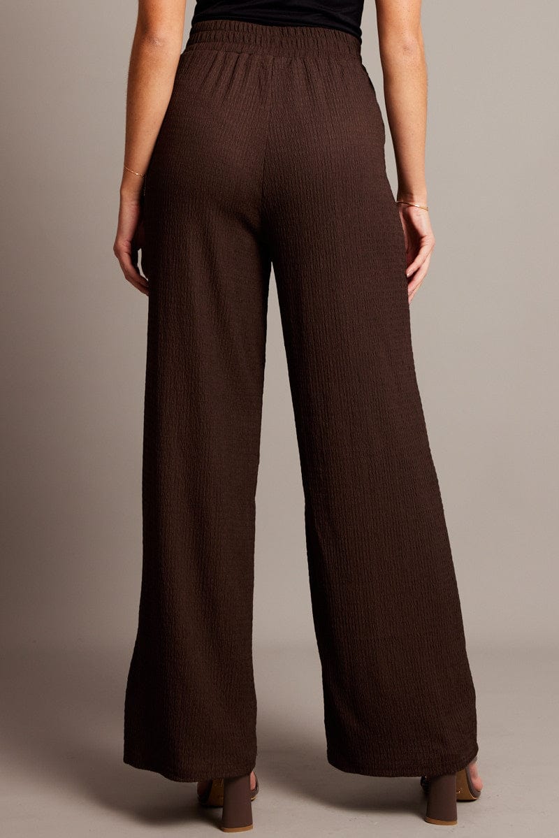 Brown Wide Leg Pants High Rise Textured Fabric for Ally Fashion