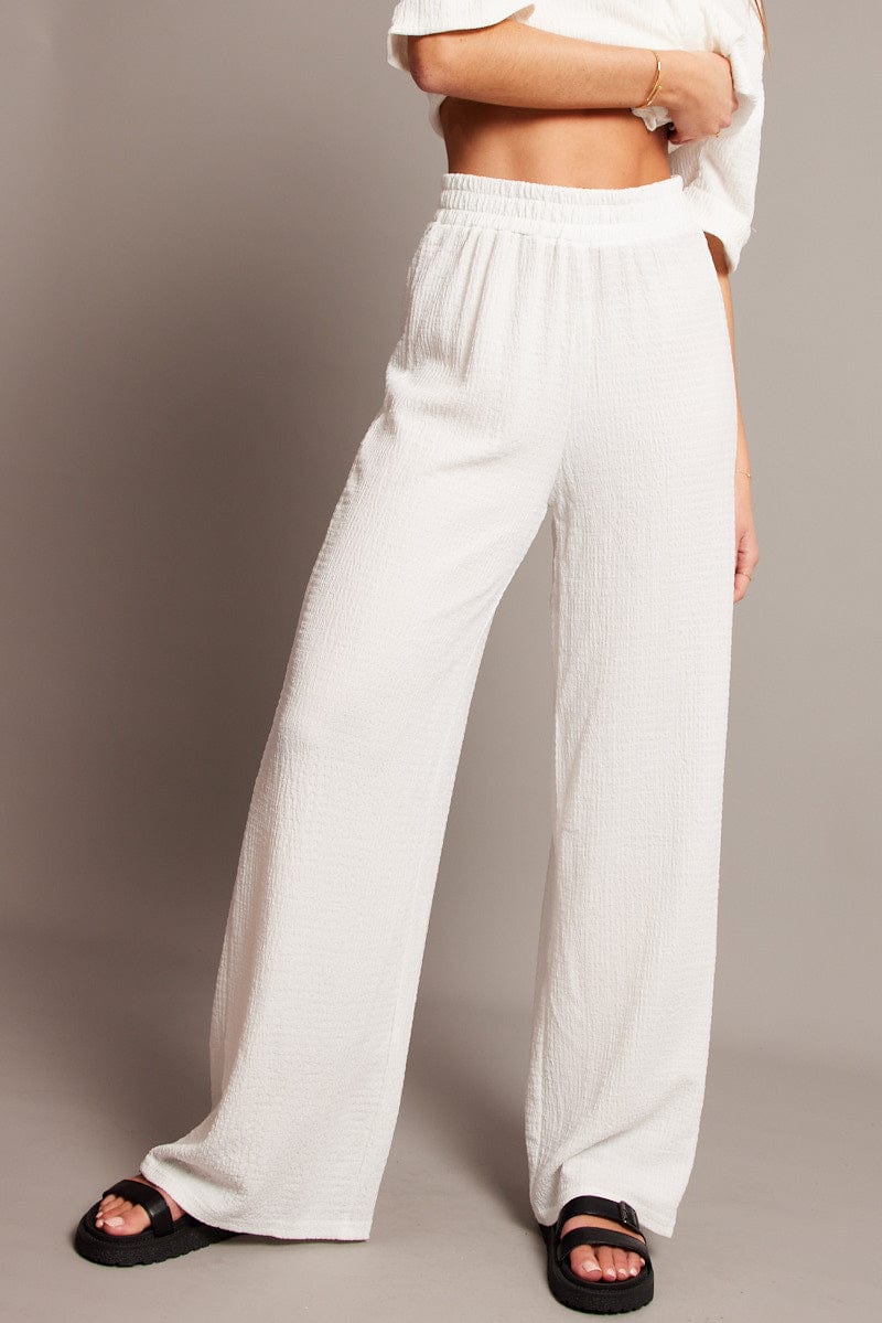 White Wide Leg Pants High Rise Textured Fabric for Ally Fashion