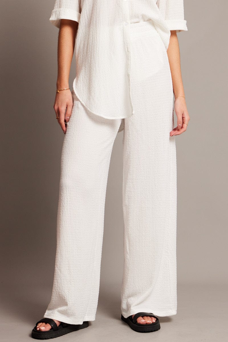 White Wide Leg Pants High Rise Textured Fabric for Ally Fashion