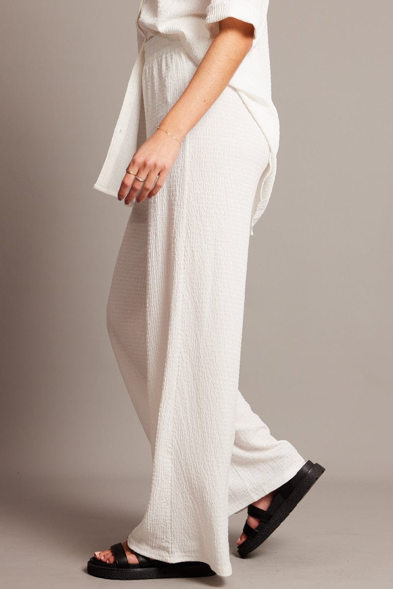 White Wide Leg Pants High Rise Textured Fabric for Ally Fashion