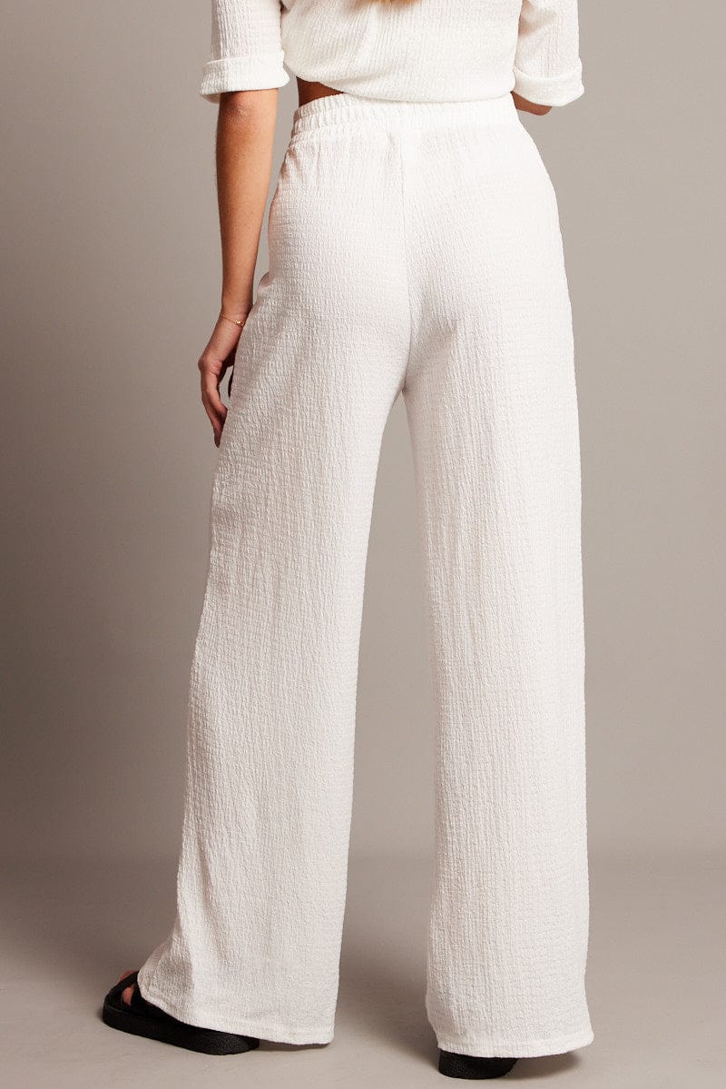 White Wide Leg Pants High Rise Textured Fabric for Ally Fashion