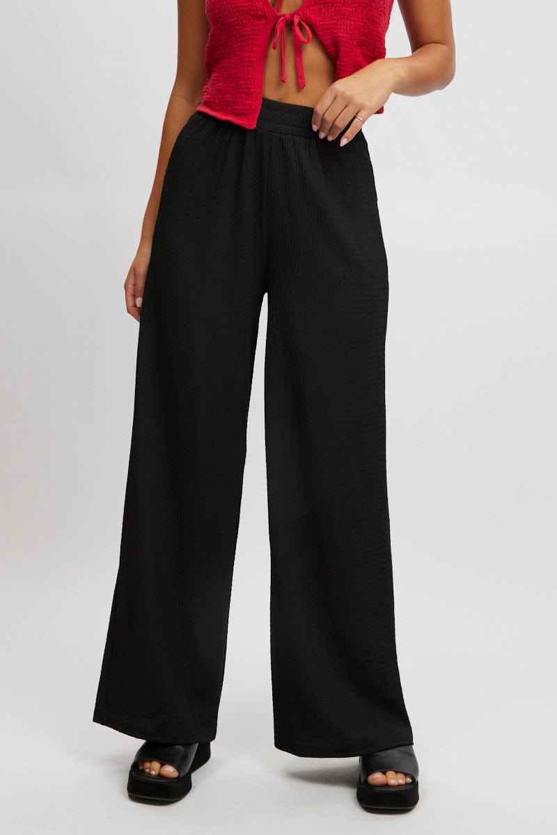 Black Wide Leg Pants High Rise Textured Fabric for Ally Fashion