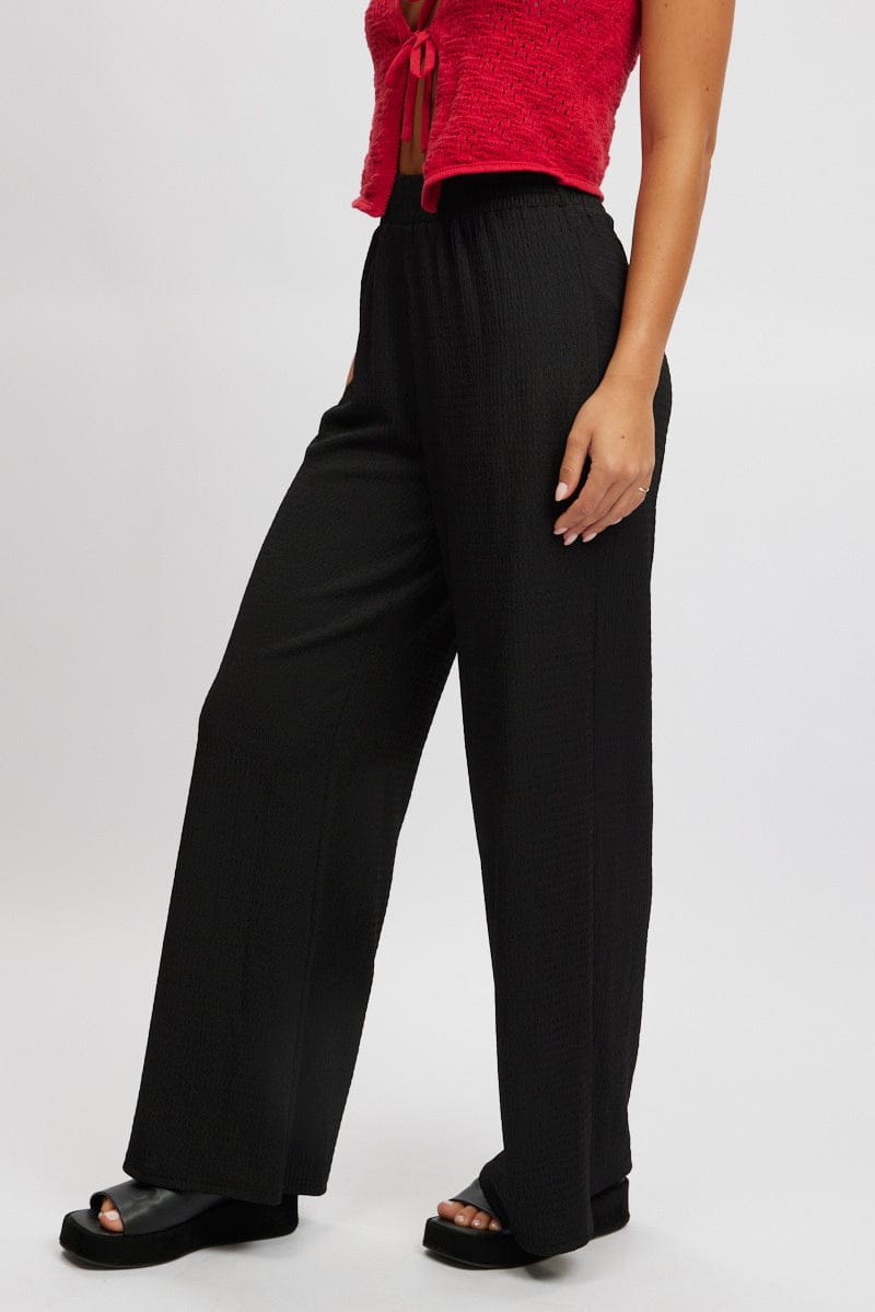 Black Wide Leg Pants High Rise Textured Fabric for Ally Fashion