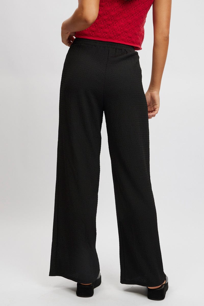 Black Wide Leg Pants High Rise Textured Fabric for Ally Fashion